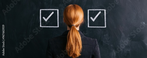 A thoughtful individual evaluates choices on a chalkboard with check marks, symbolizing decision-making and progress.