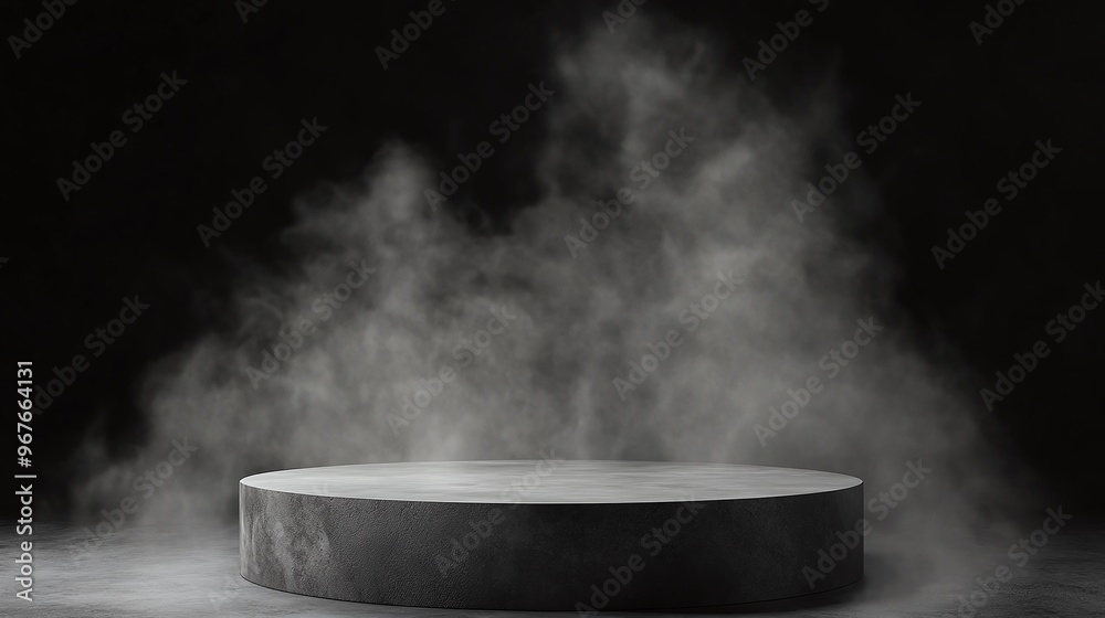 sleek gray concrete podium with smoke effect, dark background creating a dramatic atmosphere for minimal product showcase sleek gray concrete podium with smoke effect, dark background creating a dramatic atmosphere for minimal product showcase
