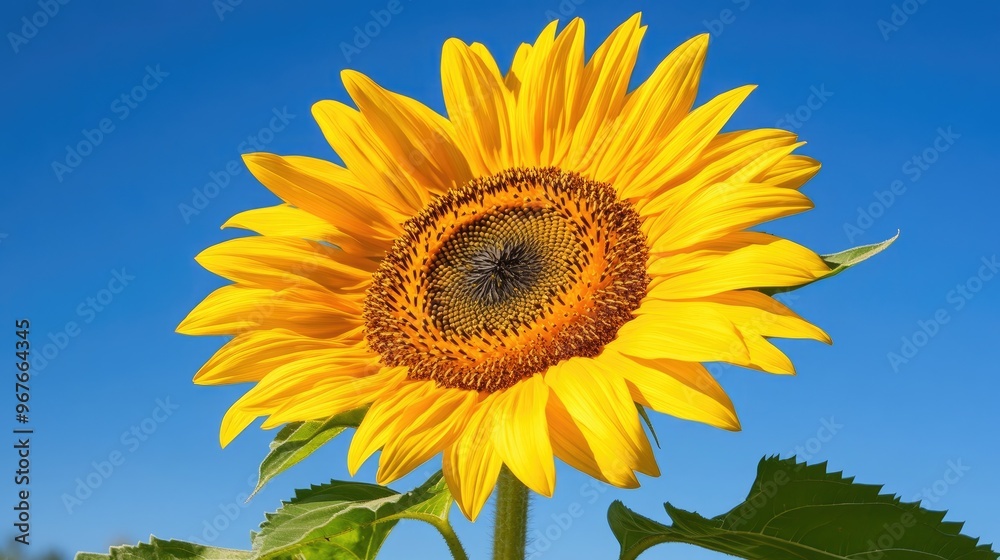 A vibrant, blooming sunflower with its large, yellow petals and dark center, set against a bright blue sky. A vibrant, blooming sunflower with its large, yellow petals and dark center, set against a bright blue sky.