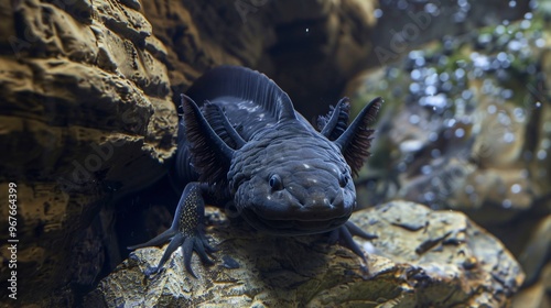 A Black Axolotl Sitting on Stone photo