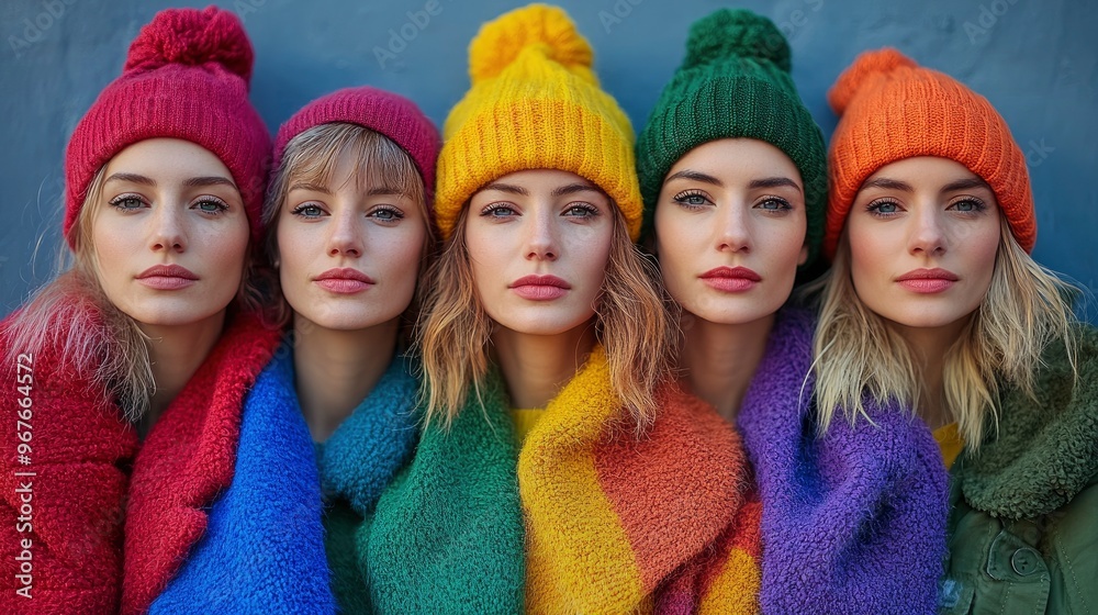 Four Women In Colorful Knitted Hats And Scarves Four Women In Colorful Knitted Hats And Scarves
