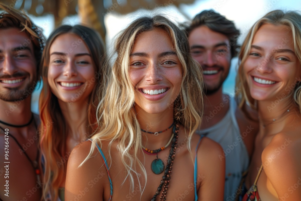 Fototapeta premium Group of friends enjoying a sunny beach day with smiles and laughter near the ocean, captured at golden hour in a tropical paradise with vibrant natural scenery