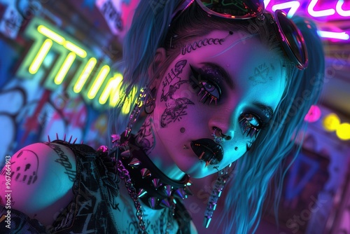 A striking portrait of a punk-inspired individual with vibrant hair and bold makeup against a colorful urban backdrop. photo