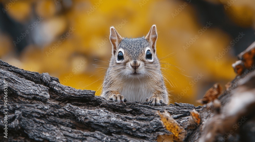 Fototapeta premium Cute squirrel standing on a tree branch with a blurred autumn background