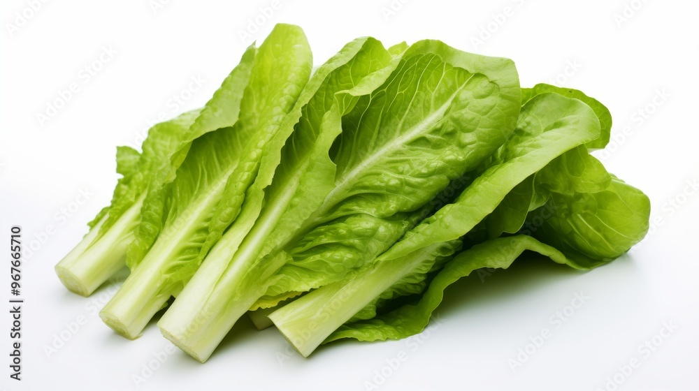 Fresh romaine lettuce on a white background showcasing vibrant green leaves Fresh romaine lettuce on a white background showcasing vibrant green leaves