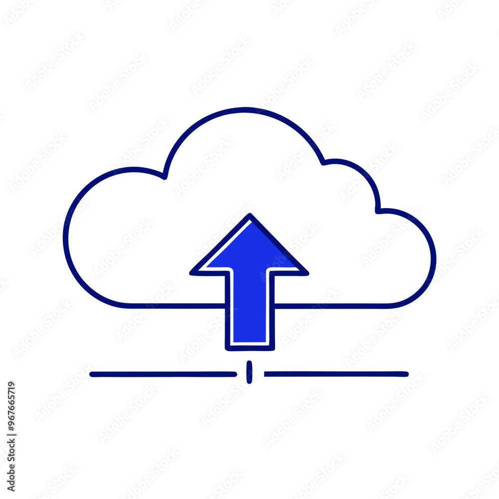 Blue cloud icon with upward arrow representing uploading and cloud storage concept. Blue cloud icon with upward arrow representing uploading and cloud storage concept.