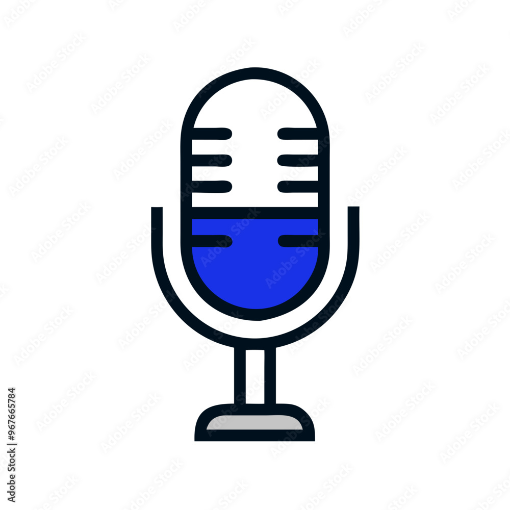 Blue and silver microphone icon representing audio recording and broadcasting concept. Blue and silver microphone icon representing audio recording and broadcasting concept.