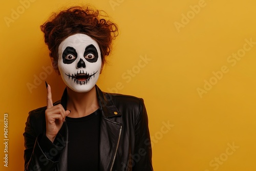 A person with spooky Halloween makeup, pointing forward, set against a neutral background with space on the side for copy or text