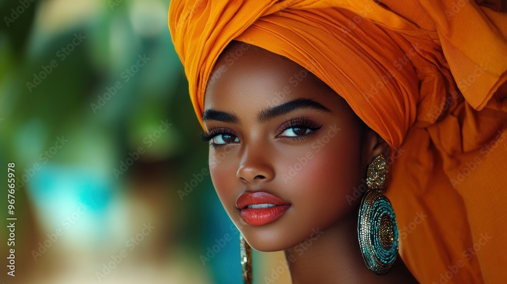 Fototapeta Beautiful Black Woman Wearing a Headscarf and Earrings