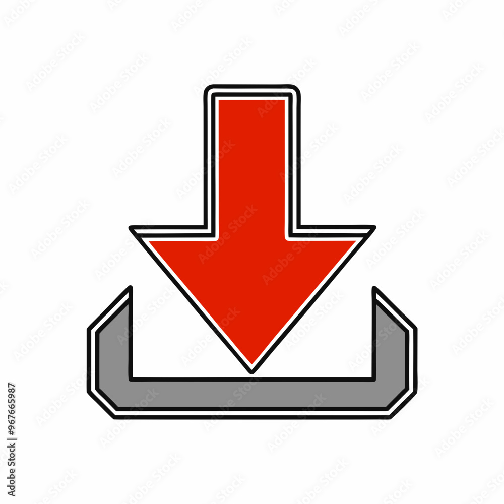 Download icon with red downward arrow and grey download container for file transfer concept, download arrow icon Download icon with red downward arrow and grey download container for file transfer concept, download arrow icon