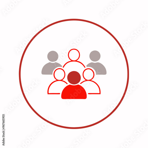 Group of user icons in circular layout with central red figure representing community or teamwork in flat design with copy space