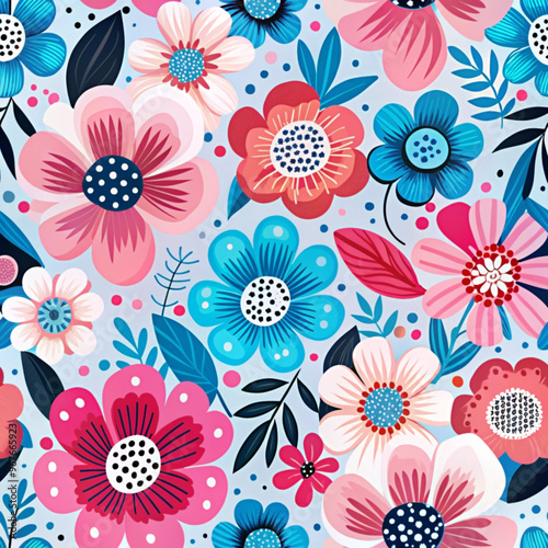 Bold and Colorful Floral Pattern with Large Flowers and Leaves