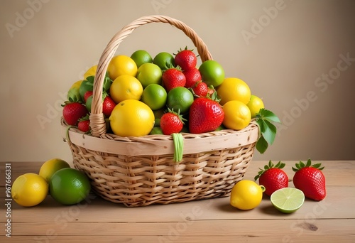 Freshness and variety of healthy fruits on wooden table generated by artificial intelligence