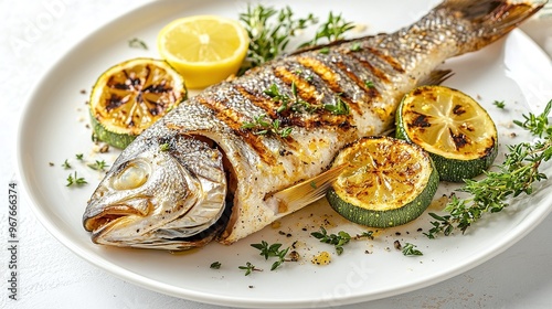 gourmet grilled whole fish with lemon and zucchini, healthy Mediterranean-inspired meal with fresh herbs, perfect for seafood lovers photo