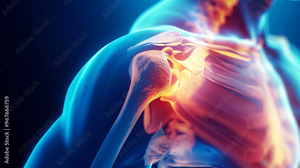 Detailed illustration of a human shoulder joint showing muscle and bone ...