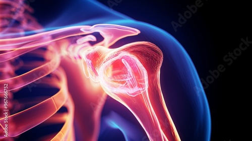 Detailed illustration of a human shoulder joint showing muscle and bone structure with vibrant colors, highlighting anatomy in a visually engaging style photo