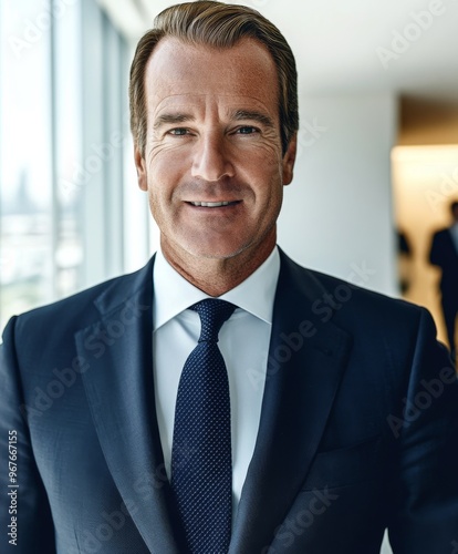 Confident businessman in a formal suit with a blue tie smiling warmly in a modern office setting during daytime, showcasing professionalism and approachability