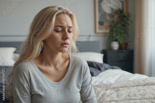 A sad woman is sitting on a bed with her head down, problems in family life, loneliness. She is wearing a gray shirt and has long blonde hair