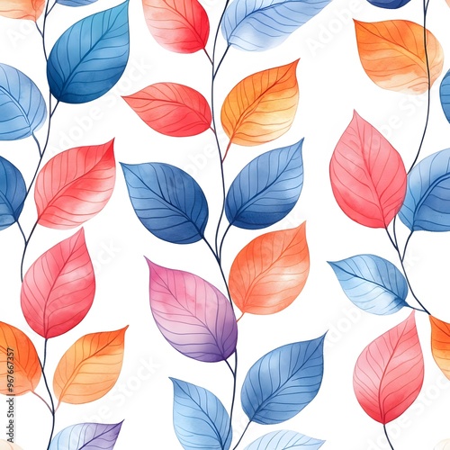 Seamless watercolor pattern with colorful blue, red, and orange leaves on white background 