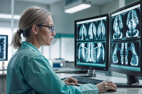 Serious female medical doctor wearing a white lab coat and glasses is working on a computer analyzing chest, bones X-rays screen