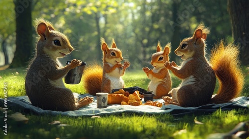 Four Squirrels Enjoying a Picnic in the Forest photo