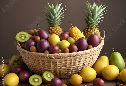 Freshness and variety of healthy fruits on wooden table generated by artificial intelligence