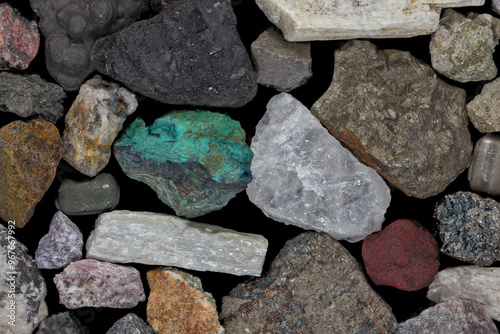 Mixture of mine, mining ores, commodities, metals, coal. Background concept, texture, rocks. Variety, mixed, many, multi-colored, colorful. Bear, bull market.