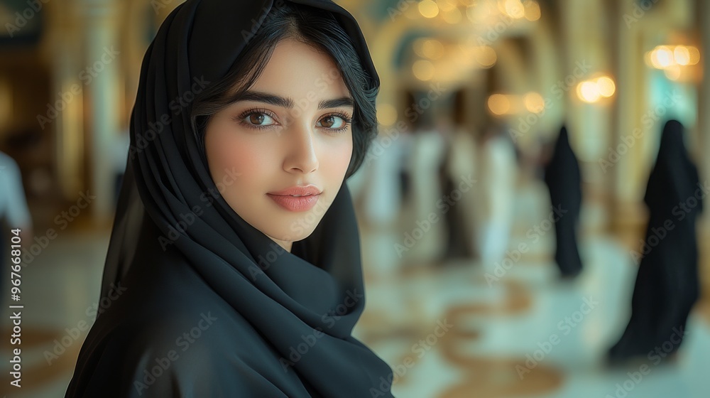 A young woman wearing a black hijab gazes thoughtfully while surrounded by people in traditional attire in a grand indoor setting in the late afternoon A young woman wearing a black hijab gazes thoughtfully while surrounded by people in traditional attire in a grand indoor setting in the late afternoon