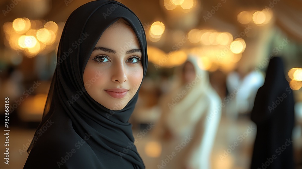An exclusive private event with multiple Emarati women dressed in traditional abayas, casually walking around a luxurious venue. An exclusive private event with multiple Emarati women dressed in traditional abayas, casually walking around a luxurious venue.