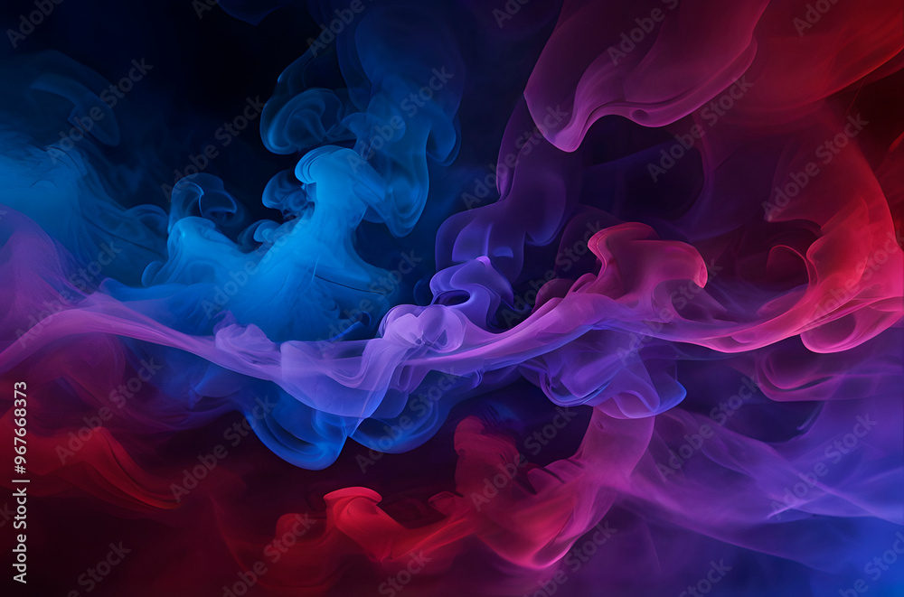 Fototapeta premium Poster with color powder explosions, splashes of red and blue paint burst, bright colorful clouds of smoke and dust with particles on black background.