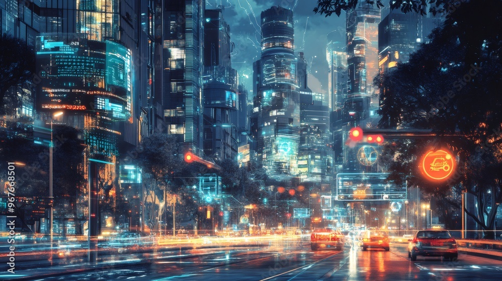 A futuristic city street at night with glowing billboards and neon lights. Cars drive along the wet road, while the city skyline rises above. A futuristic city street at night with glowing billboards and neon lights. Cars drive along the wet road, while the city skyline rises above.
