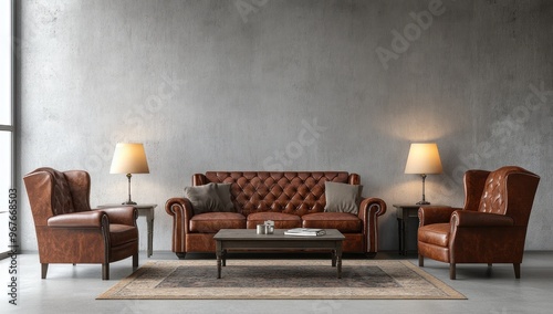 Leather Sofa and Armchairs in a Modern Living Room