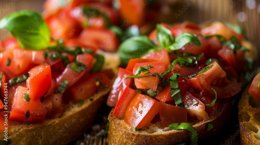 Freshly made bruschetta topped with diced tomatoes and basil on toasted bread, served on a rustic wooden platter in a warm kitchen setting during late afternoon Freshly made bruschetta topped with diced tomatoes and basil on toasted bread, served on a rustic wooden platter in a warm kitchen setting during late afternoon
