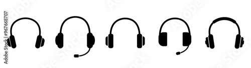 Headphones icon. Black headphones icon collection. Set of music headphones icons. headphone with microphone.  Vector headphone icons