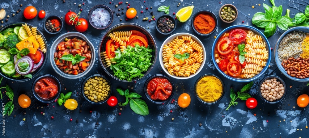 Vibrant Variety of Healthy Bowls Pasta, Vegetables. Top View Assortment of Delicious Vegan Meals