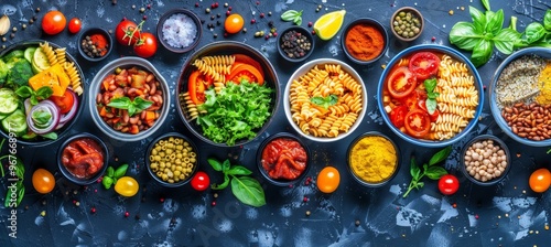 Vibrant Variety of Healthy Bowls Pasta, Vegetables. Top View Assortment of Delicious Vegan Meals