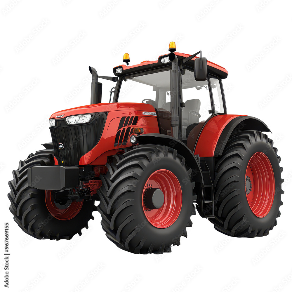 Obraz premium A powerful red tractor designed for farm work, showcasing robust tires and advanced features for efficient agriculture.