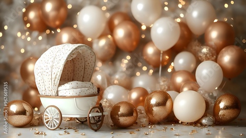 Delightful Baby Carriage Surrounded by Elegant Balloons for a Celebration