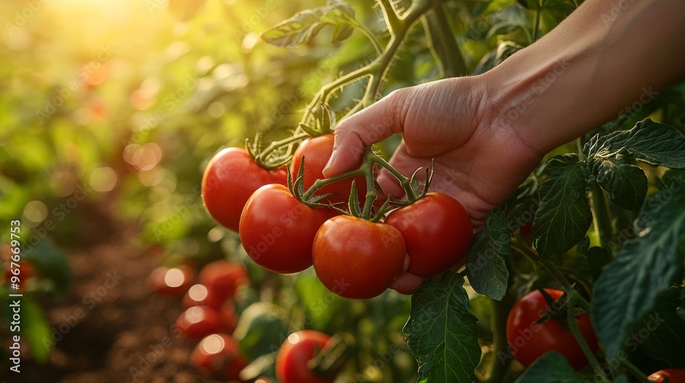 Hand picking fresh red tomatoes from a vine in a sunlit garden Hand picking fresh red tomatoes from a vine in a sunlit garden
