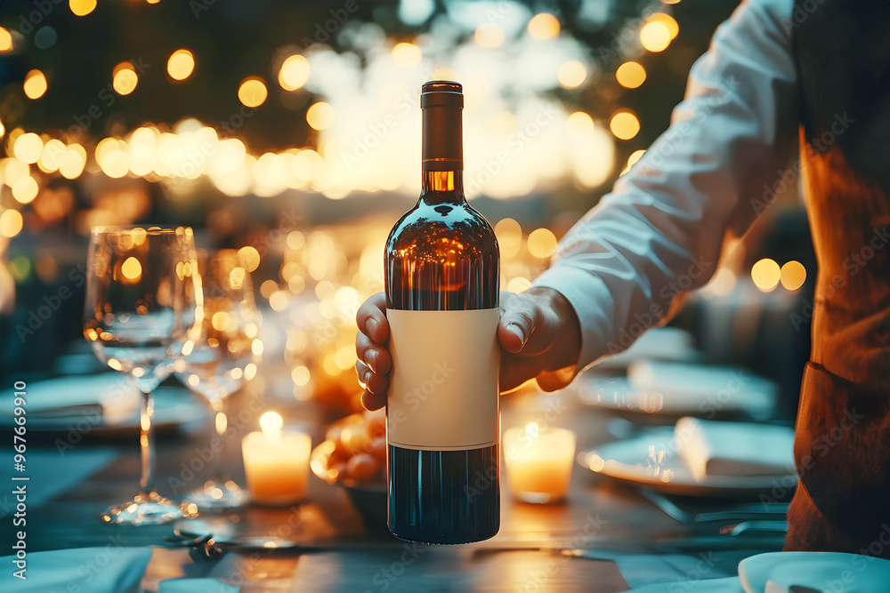 Carefully holding a bottle of wine, candlelit table, fine dining ambiance. Carefully holding a bottle of wine, candlelit table, fine dining ambiance.
