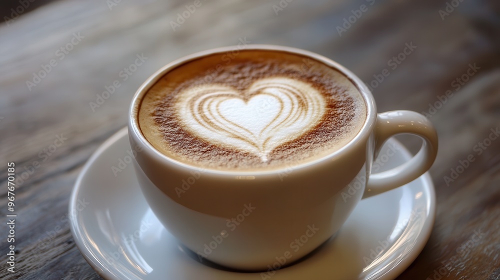 A beautifully crafted latte art featuring a heart design in a white coffee cup on a rustic wooden table. A beautifully crafted latte art featuring a heart design in a white coffee cup on a rustic wooden table.