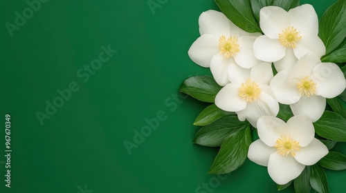 White Flowers with Green Leaves on a Green Background