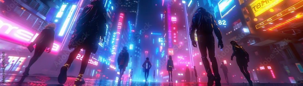 A vibrant urban scene featuring silhouettes in a neon-lit, futuristic city, showcasing modern life and technology. A vibrant urban scene featuring silhouettes in a neon-lit, futuristic city, showcasing modern life and technology.