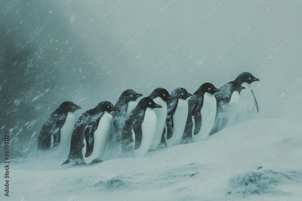 A Group of Adelie Penguins Braving a Blizzard A Group of Adelie Penguins Braving a Blizzard