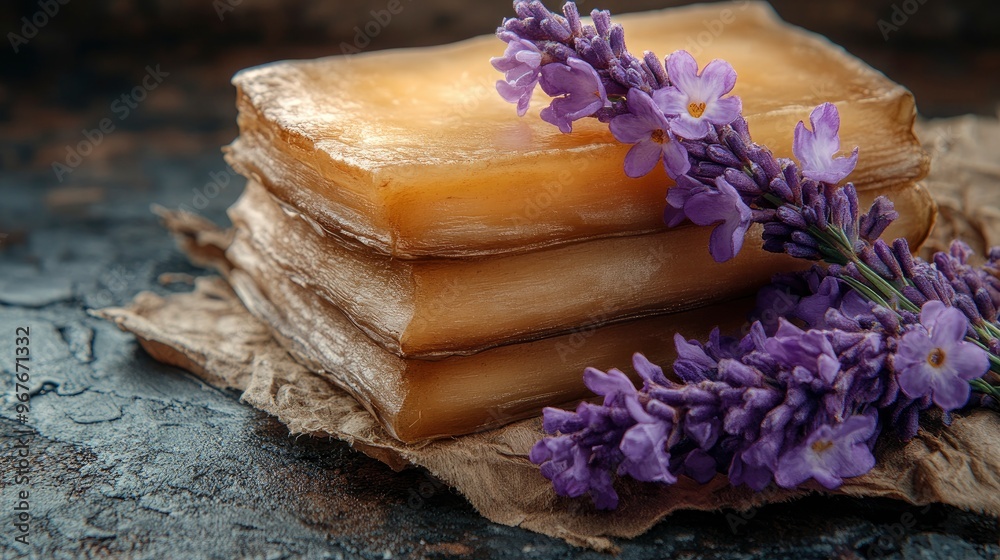 Fototapeta premium Lavender Scented Soap Bars on Rustic Background