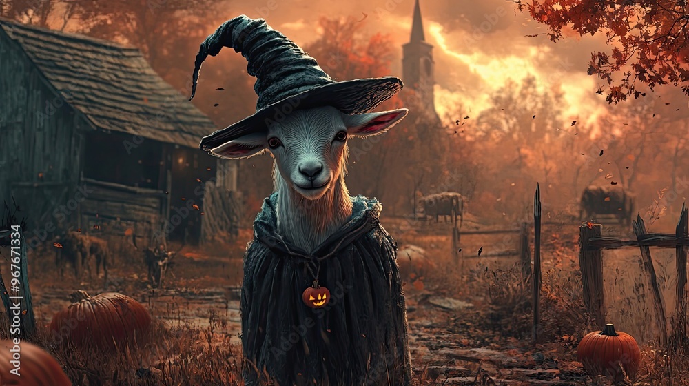 Fotografie A Goat Wearing a Witch Hat in a Forest Setting