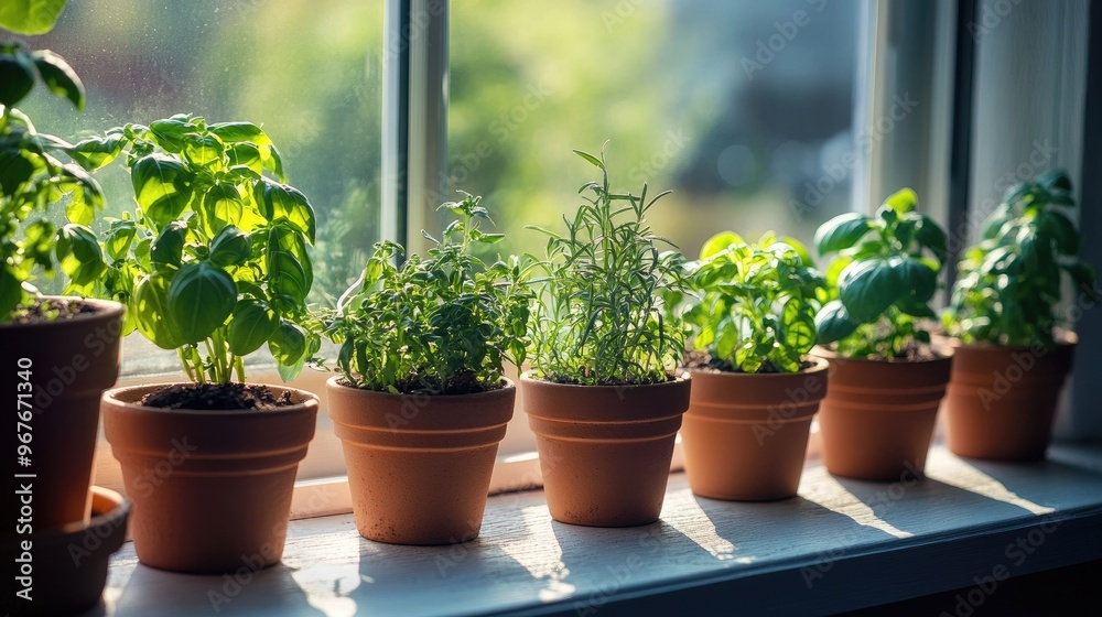 An assortment of fresh herbs in small pots on a kitchen windowsill, perfect for culinary use and home gardening. An assortment of fresh herbs in small pots on a kitchen windowsill, perfect for culinary use and home gardening.