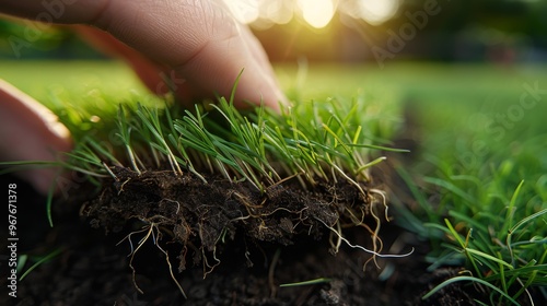 Wallpaper Mural A close-up view of a hand lifting fresh sod from the ground in a sunny backyard, showcasing the rich soil and vibrant grass in the late afternoon light Torontodigital.ca