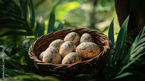 A rustic basket filled with speckled eggs nestled among lush greenery in a serene forest setting during the early morning light, showcasing nature’s quiet beauty and new beginnings photo