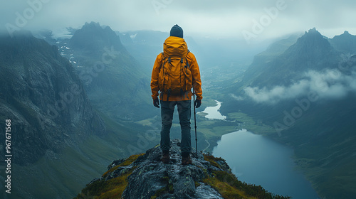 Lone Hiker on Mountain Ridge – A hiker standing alone on a narrow ridge and looking at the vastness. photo